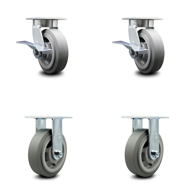 6 Inch Kingpinless Thermoplastic Rubber Wheel Caster Brakes 2 Rigid SCC, 2PK